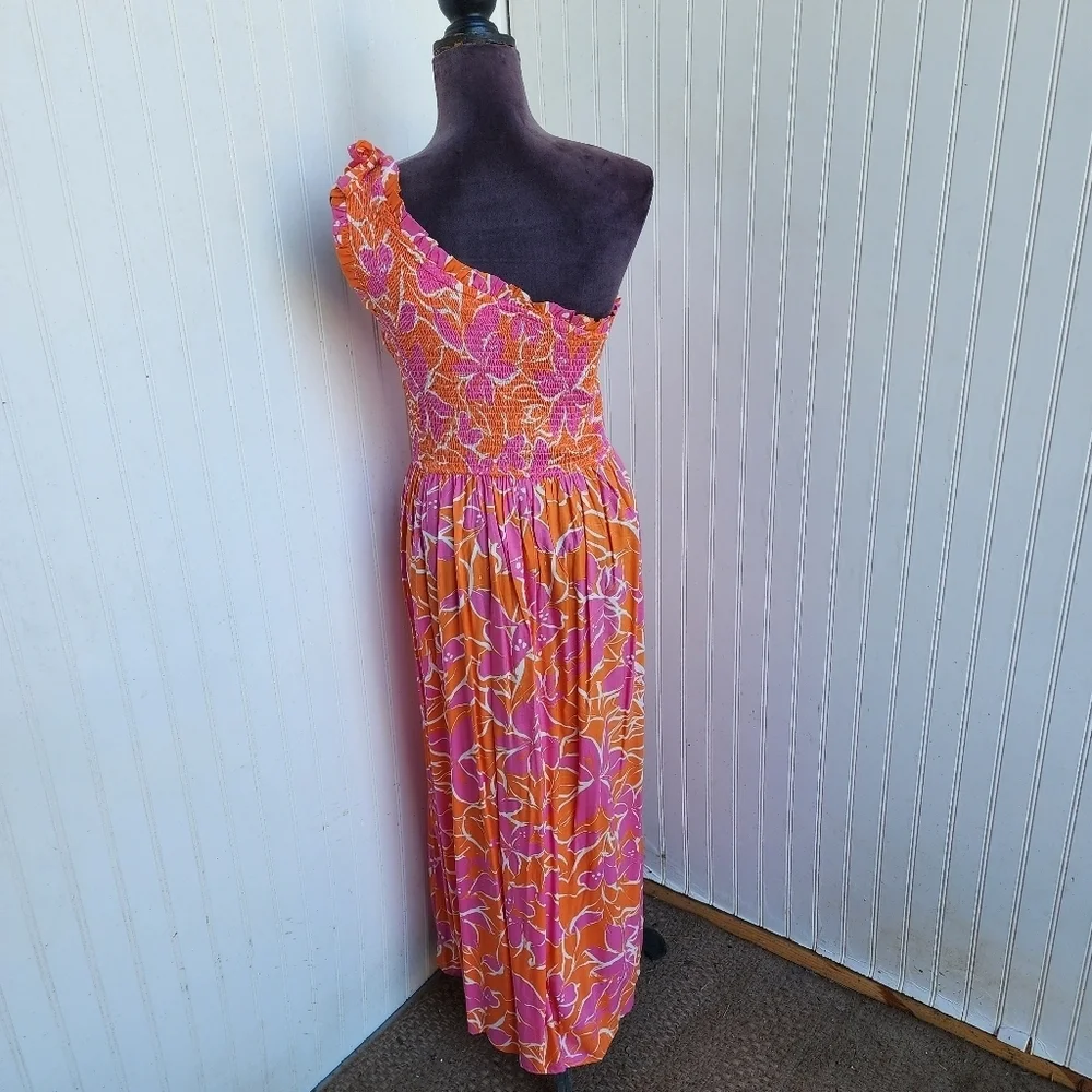 NWT Japna Maxi Dress One Shoulder Floral Summer Dress Smocked Orange Pink M
